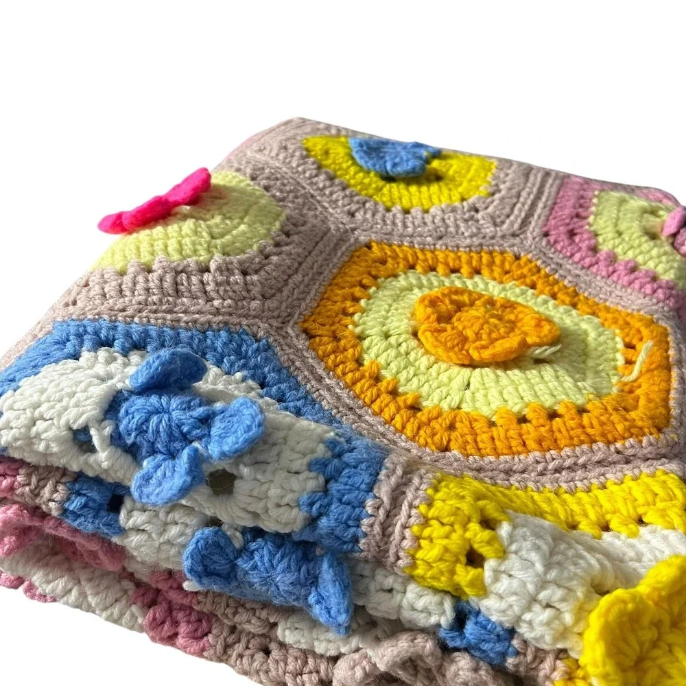 Handmade Crochet‎ Baby Blanket Flower Garden Hexagon Afghan 33x54